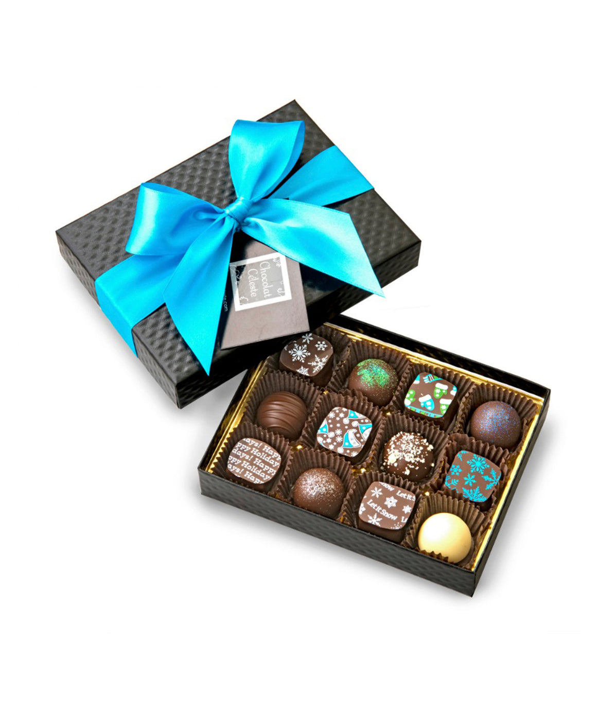 12-piece Winter Collection chocolate gift box from Chocolat Celeste, featuring festive holiday-themed bonbons in a black quilted box with turquoise satin ribbon – part of Christmas in July Pre-Sale