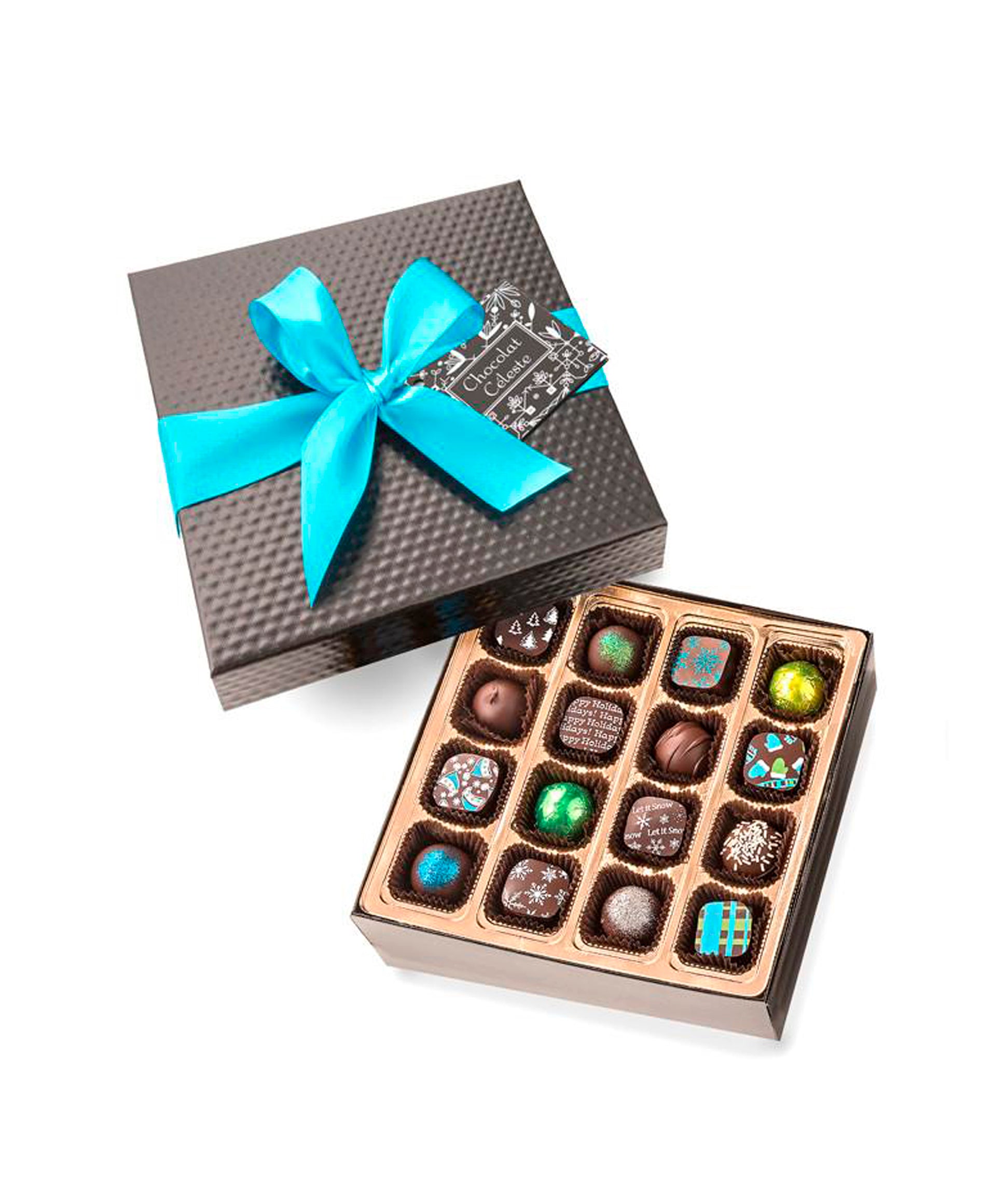 16-piece Winter Collection chocolate box from Chocolat Celeste, featuring an elegant holiday assortment of artisan bonbons in a quilted black gift box with turquoise satin ribbon – part of Christmas in July Pre-Sale
