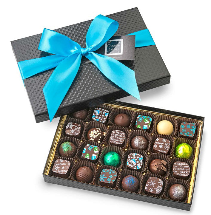24-piece Winter Collection artisan chocolate box from Chocolat Celeste, featuring a festive variety of holiday bonbons in a black quilted gift box with turquoise satin ribbon – part of Christmas in July Pre-Sale
