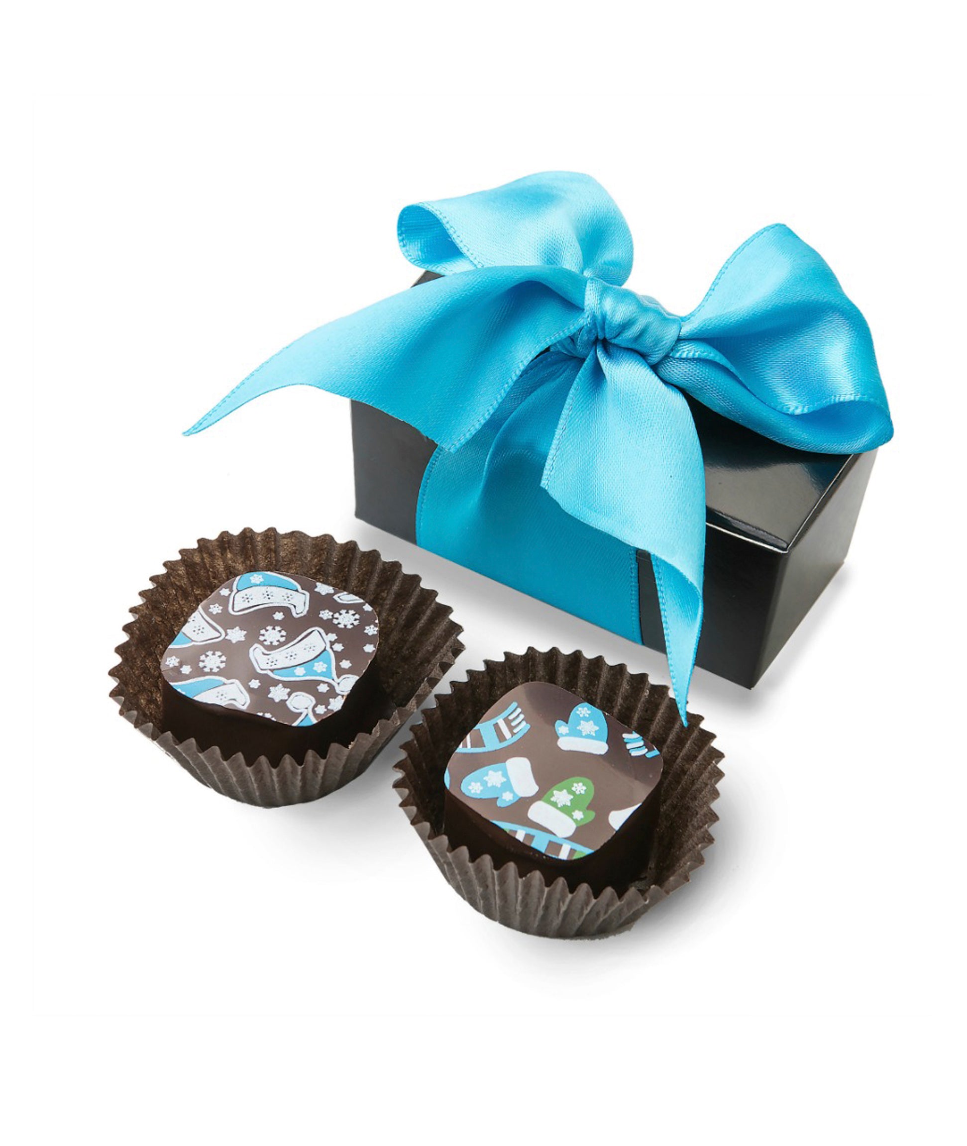 2-piece artisan chocolate box from Chocolat Celeste’s Winter Collection, featuring festive mitten and snowflake bonbons in black box with turquoise ribbon – part of Christmas in July Pre-Sale