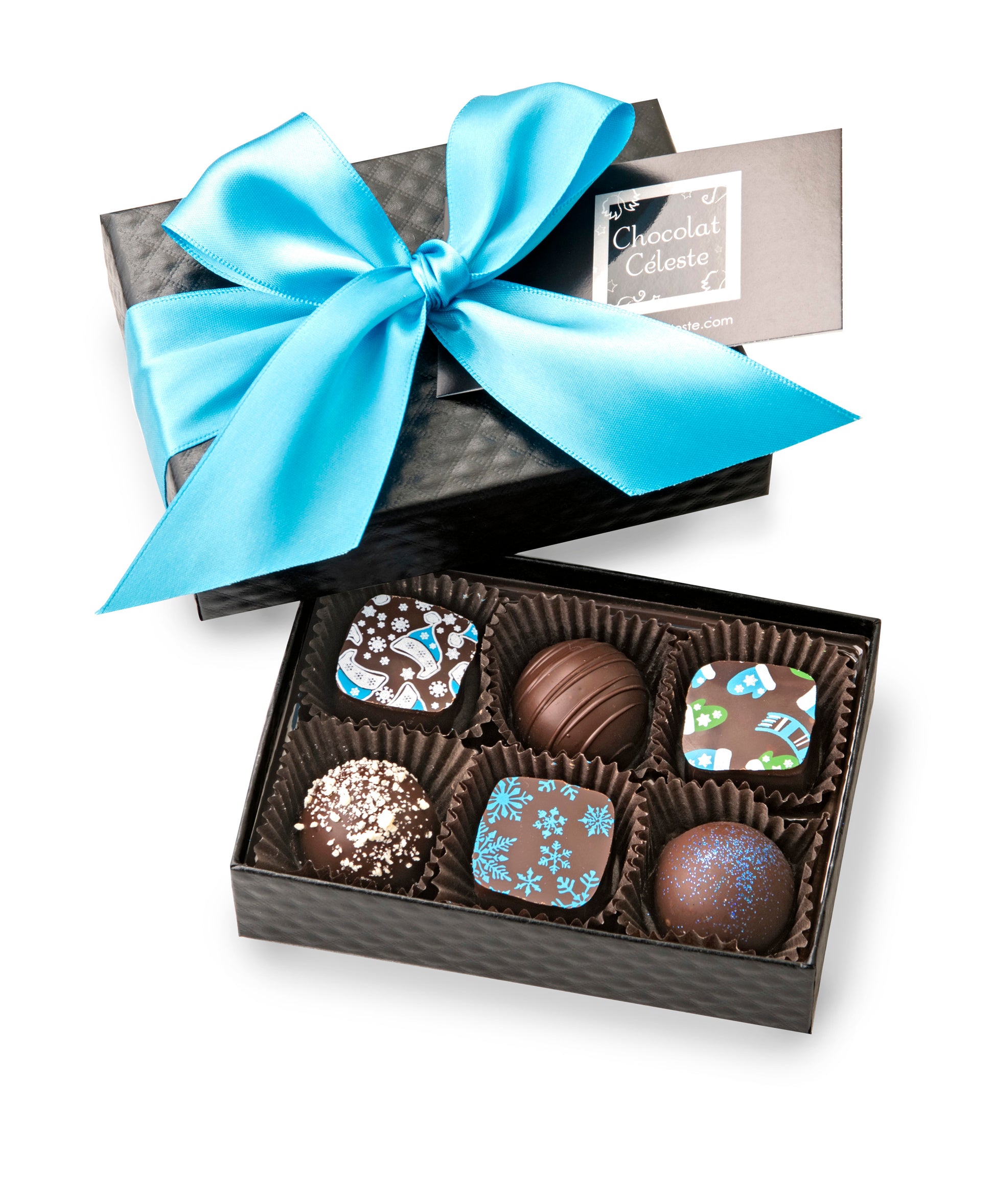 6-piece Winter Collection chocolate gift box from Chocolat Celeste, featuring festive bonbons in a quilted black box with turquoise satin ribbon – part of Christmas in July Pre-Sale