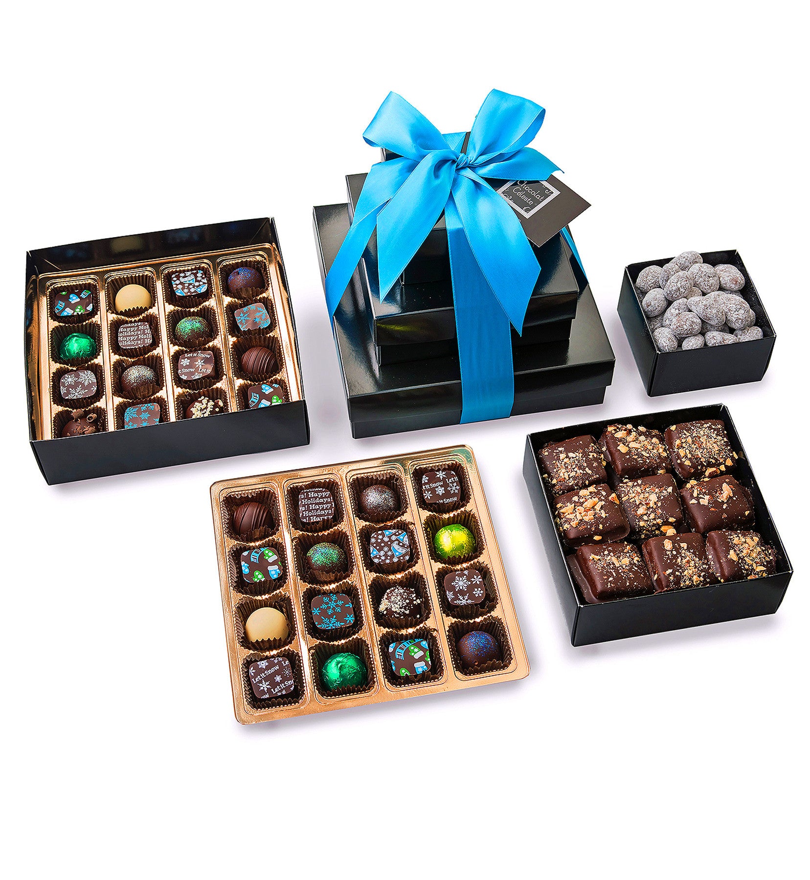 Winter Wonderland Tower from Chocolat Celeste, featuring stacked gift boxes filled with artisan bonbons, almond toffee, and chocolate-dusted almonds, wrapped in a turquoise satin ribbon – part of Christmas in July Pre-Sale